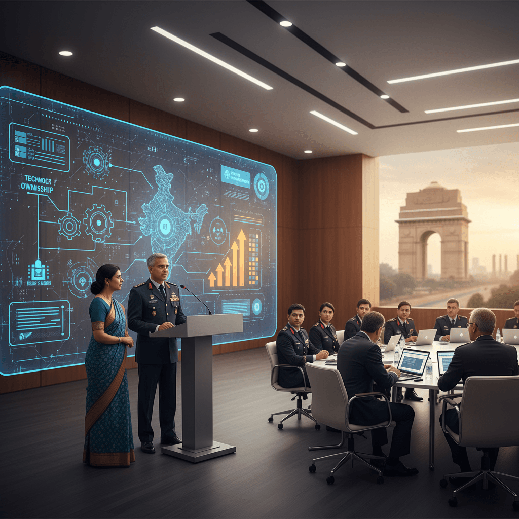 A group of professionals, including military officers and civilians, in a modern conference room with a large display.