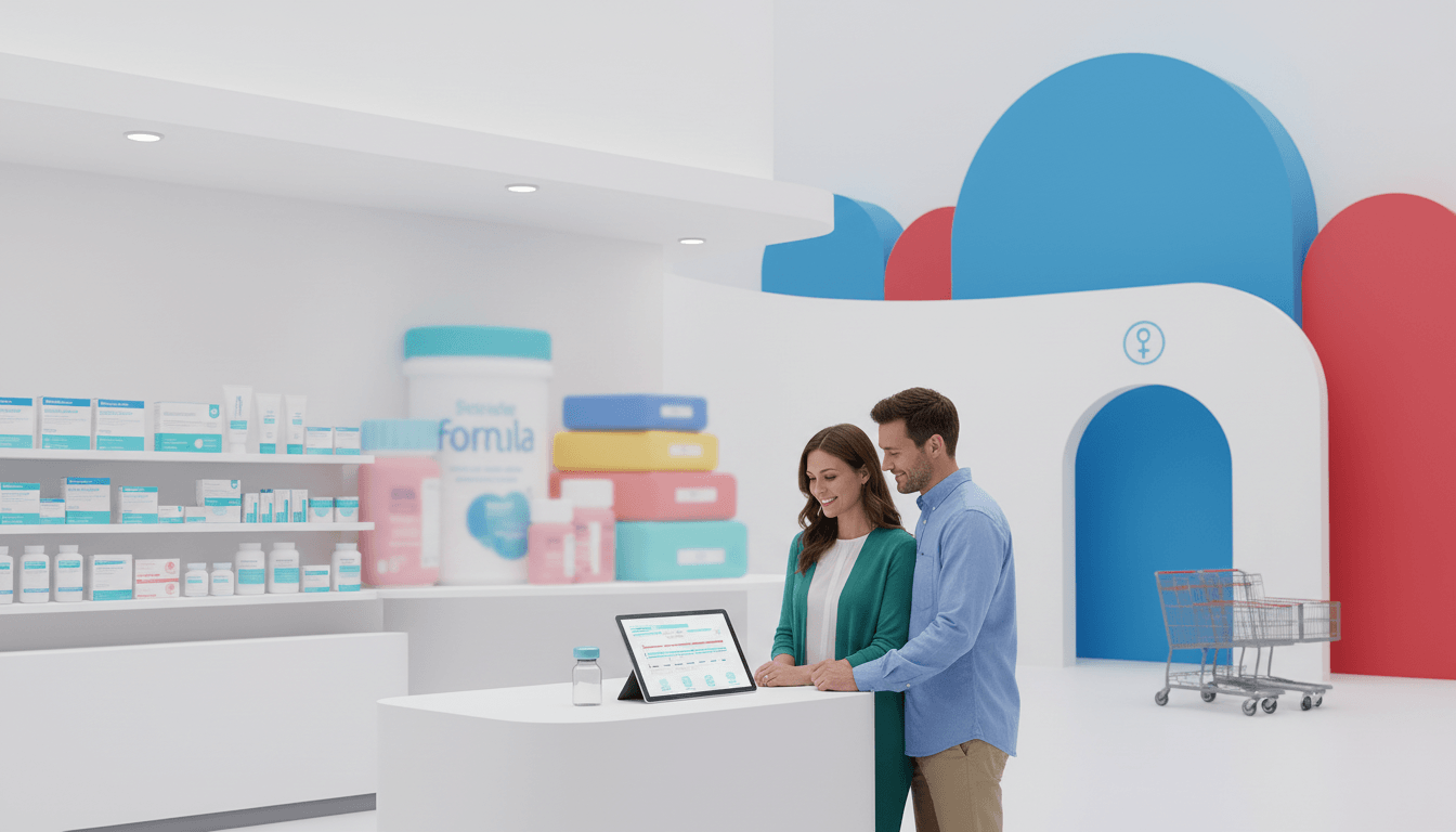 A couple smiles while viewing fertility treatment plans on a tablet at a bright, modern pharmacy-like kiosk.