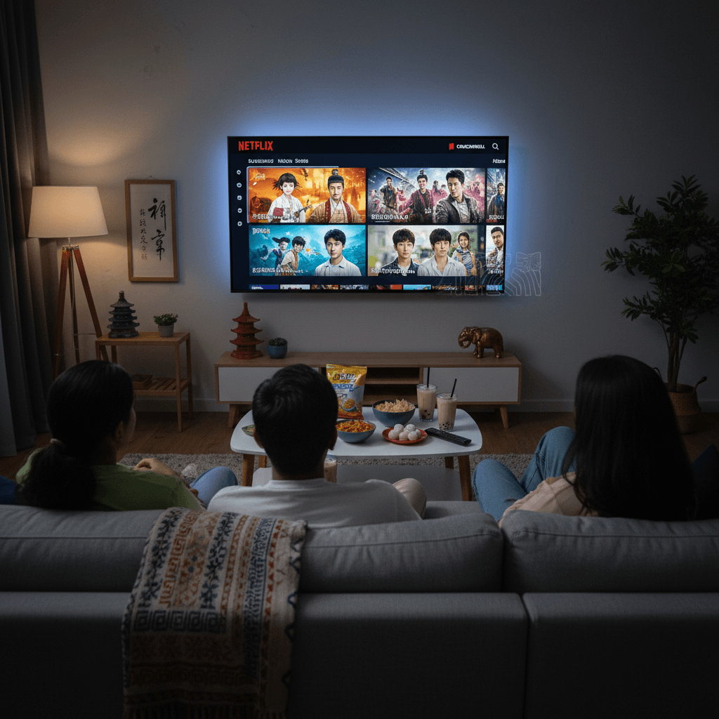 Three young Indian people watching a TV with a diverse selection of Asian shows on Netflix and Crunchyroll, snacks on table.