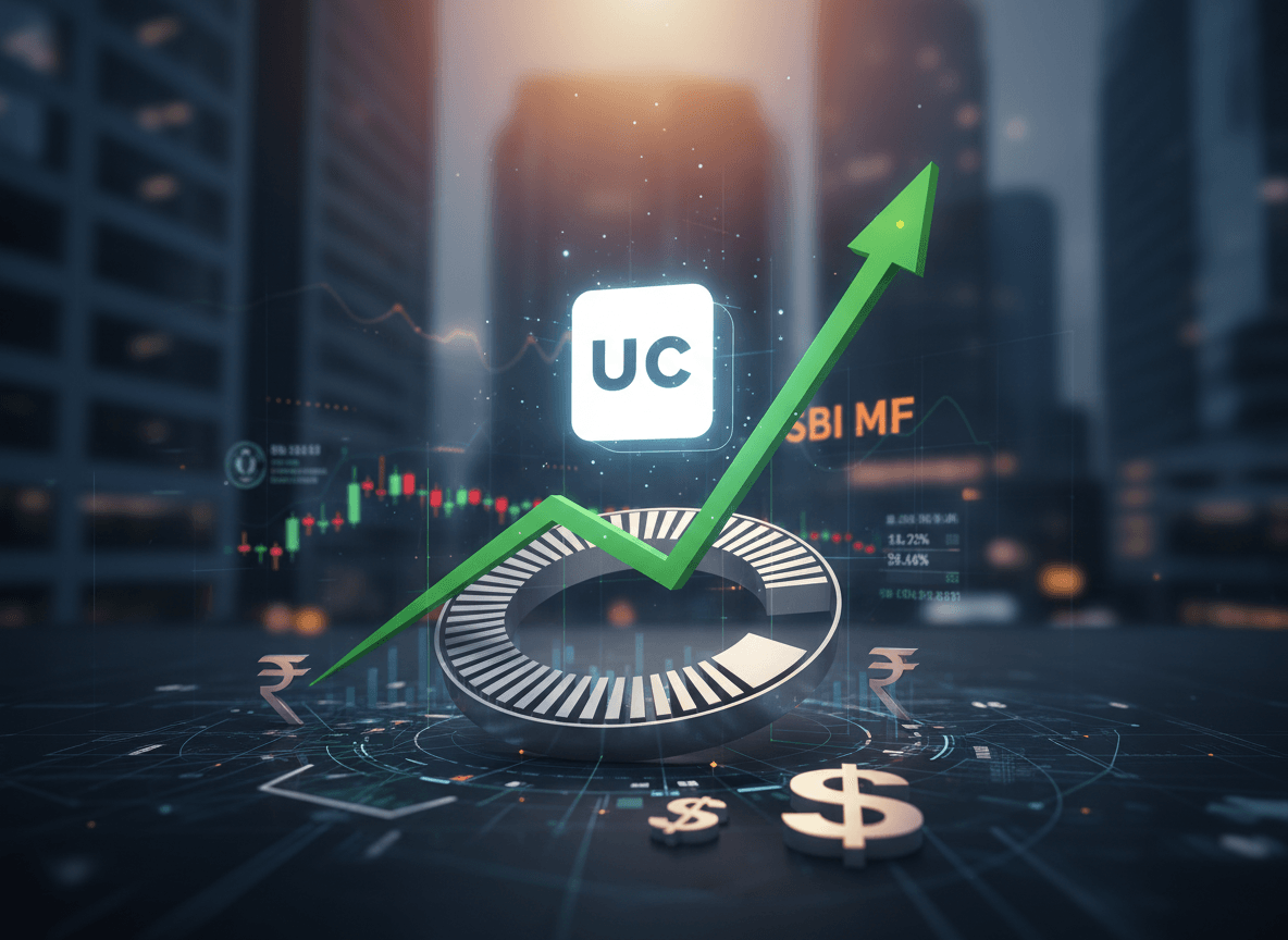 A green upward arrow signifying growth, with a glowing "UC" icon and "SBI MF" text, set against a financial cityscape.