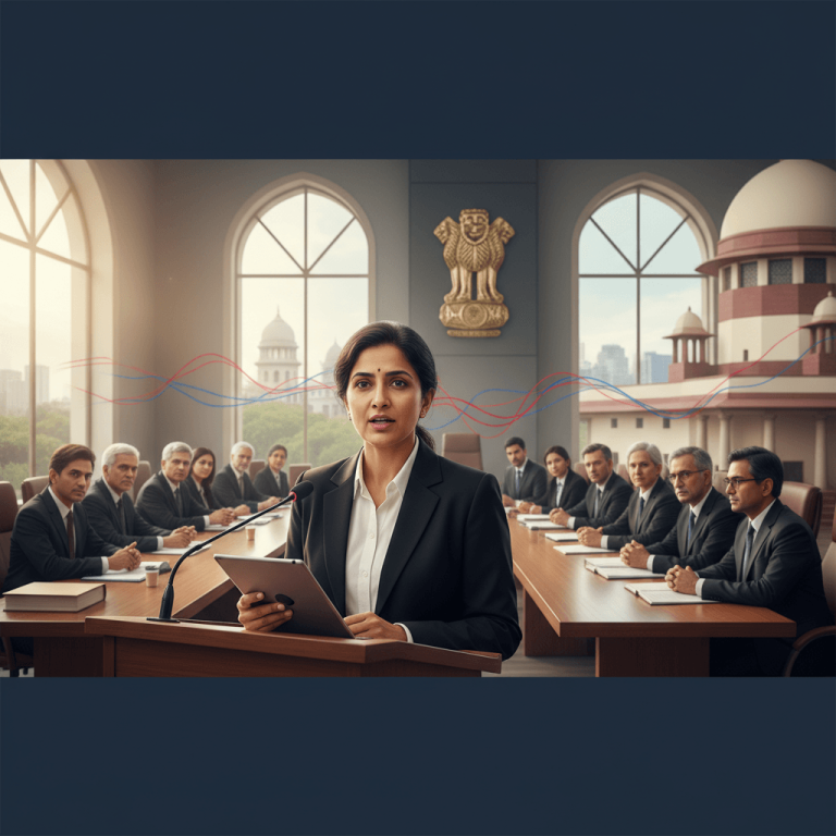 A professional Indian advocate speaks at a podium in a courtroom, with colleagues and the Indian emblem behind her.