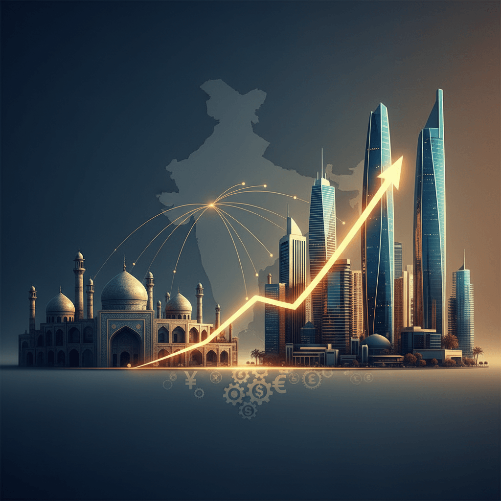 A conceptual image showing India's economic ties with Gulf states, with the Taj Mahal, modern skyscrapers, and an upward arrow.