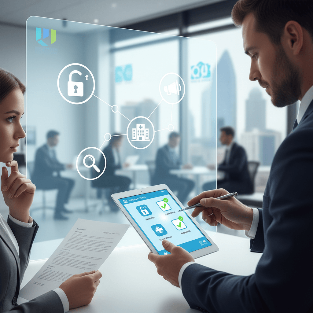 Two professionals reviewing health insurance policy details on a tablet and a transparent screen in a modern office.