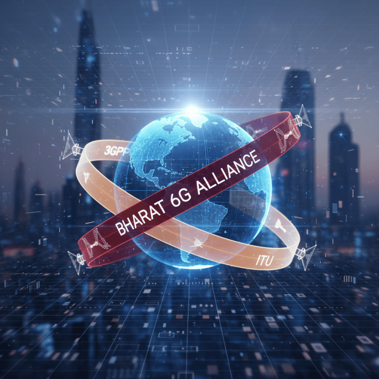 A digital globe showing the "Bharat 6G Alliance" encircled by rings labeled "3GPP" and "ITU," against a futuristic cityscape.