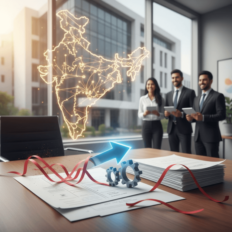 A professional office scene with a glowing map of India and business documents, symbolizing streamlined processes.