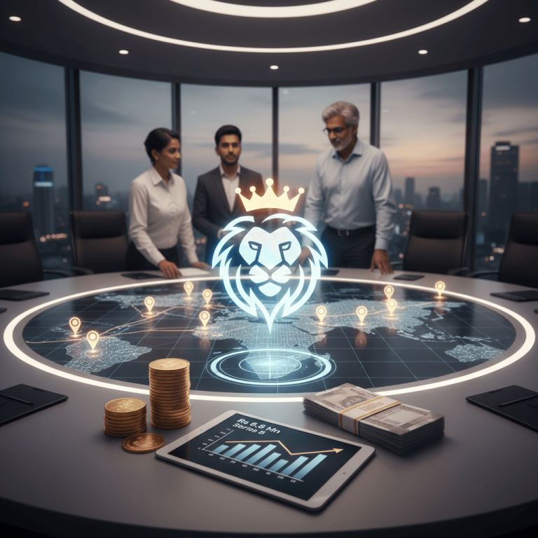 A professional meeting room with a glowing world map on a round table, showing expansion points.