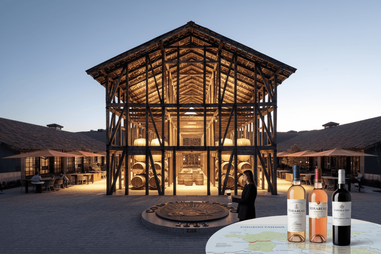 A Chilean winery at dusk, featuring a woman holding a glass of red wine, surrounded by premium wine bottles and a map.