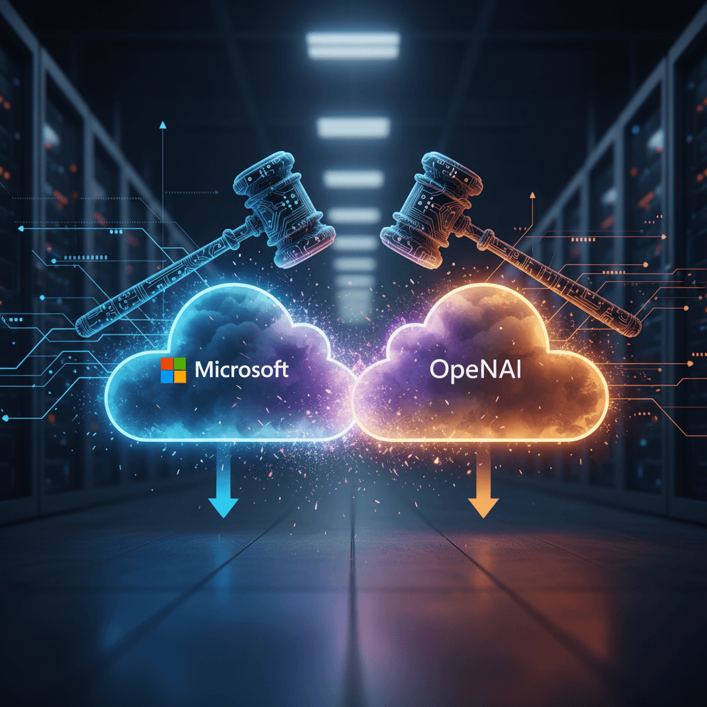 Two glowing cloud icons, one blue for Microsoft and one orange for OpenAI, with circuit-board gavels above them in a data center.