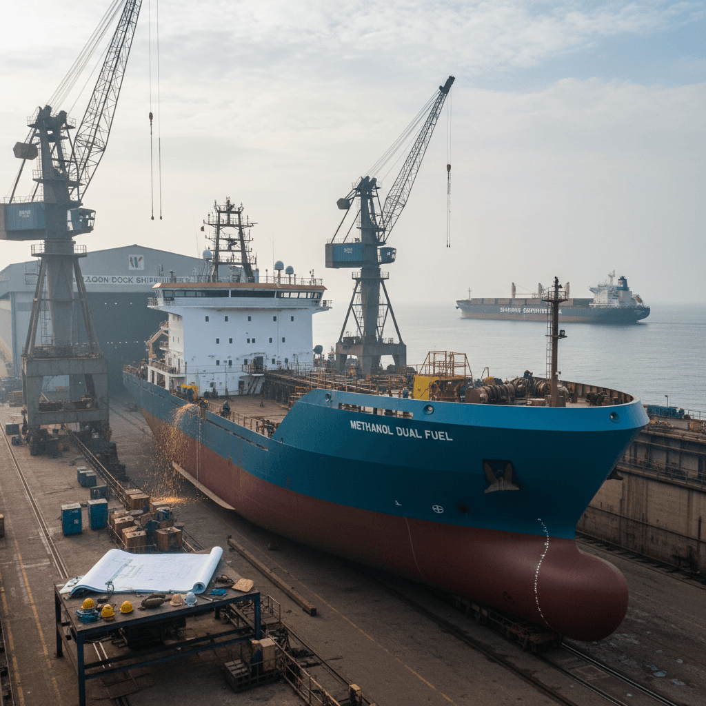 A platform supply vessel, labeled "METHANOL DUAL FUEL," under construction in a dry dock. Cranes surround the ship, and welders are visible.