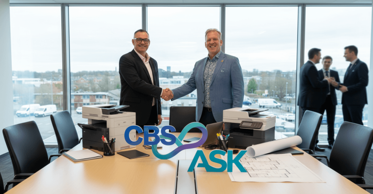 Two businessmen shake hands across a conference table with "CBS" and "ASK" logos, symbolizing a merger.