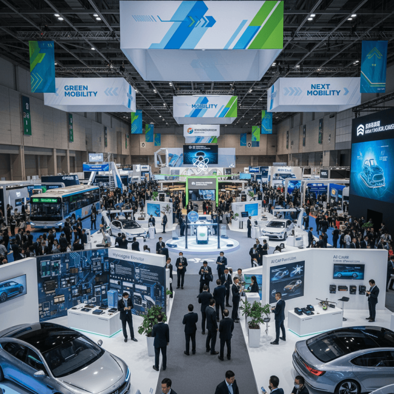 An overhead view of a large, modern exhibition hall in Taiwan, filled with attendees and various automotive and tech displays.