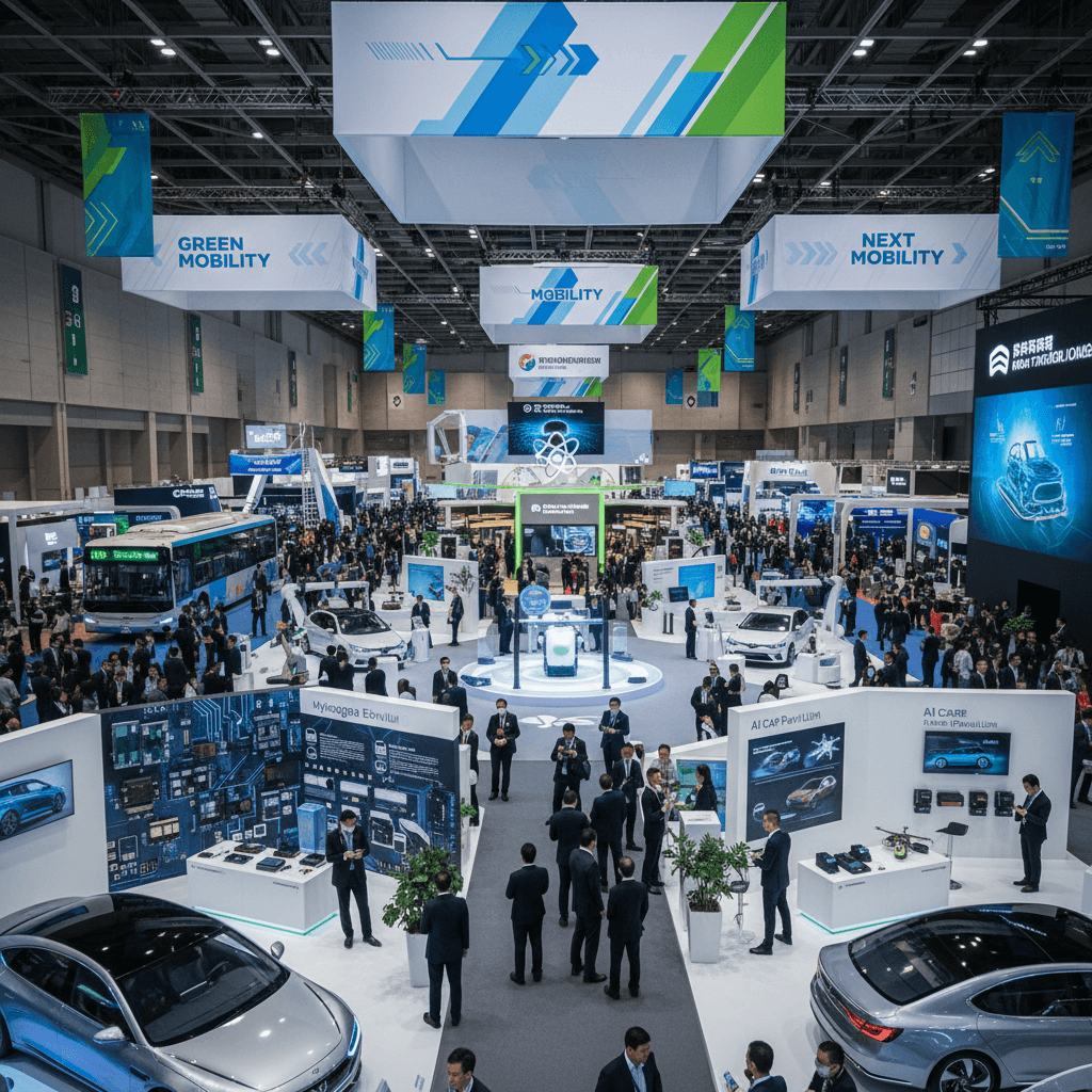 An overhead view of a large, modern exhibition hall in Taiwan, filled with attendees and various automotive and tech displays.