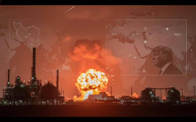 An explosion at an LNG plant with maps showing Iran, Qatar, India, and an image of Donald Trump, symbolizing geopolitical tensions.