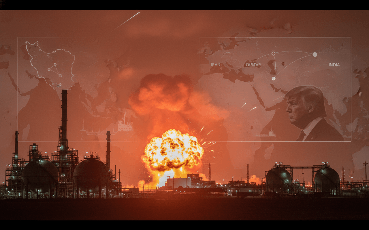 An explosion at an LNG plant with maps showing Iran, Qatar, India, and an image of Donald Trump, symbolizing geopolitical tensions.
