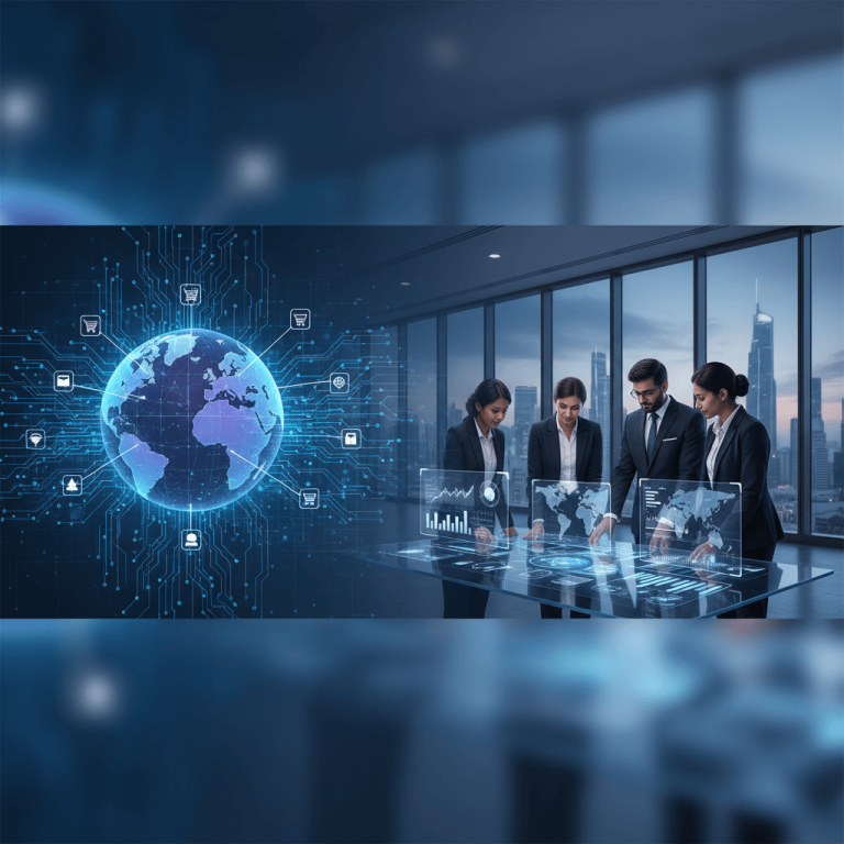 Four diverse business professionals in a modern office, interacting with holographic screens displaying global e-commerce data and AI circuits.