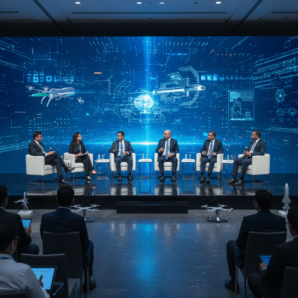 A panel of six experts on a stage at a defence tech summit, with an audience observing. A large screen behind them displays futuristic aerospace designs.