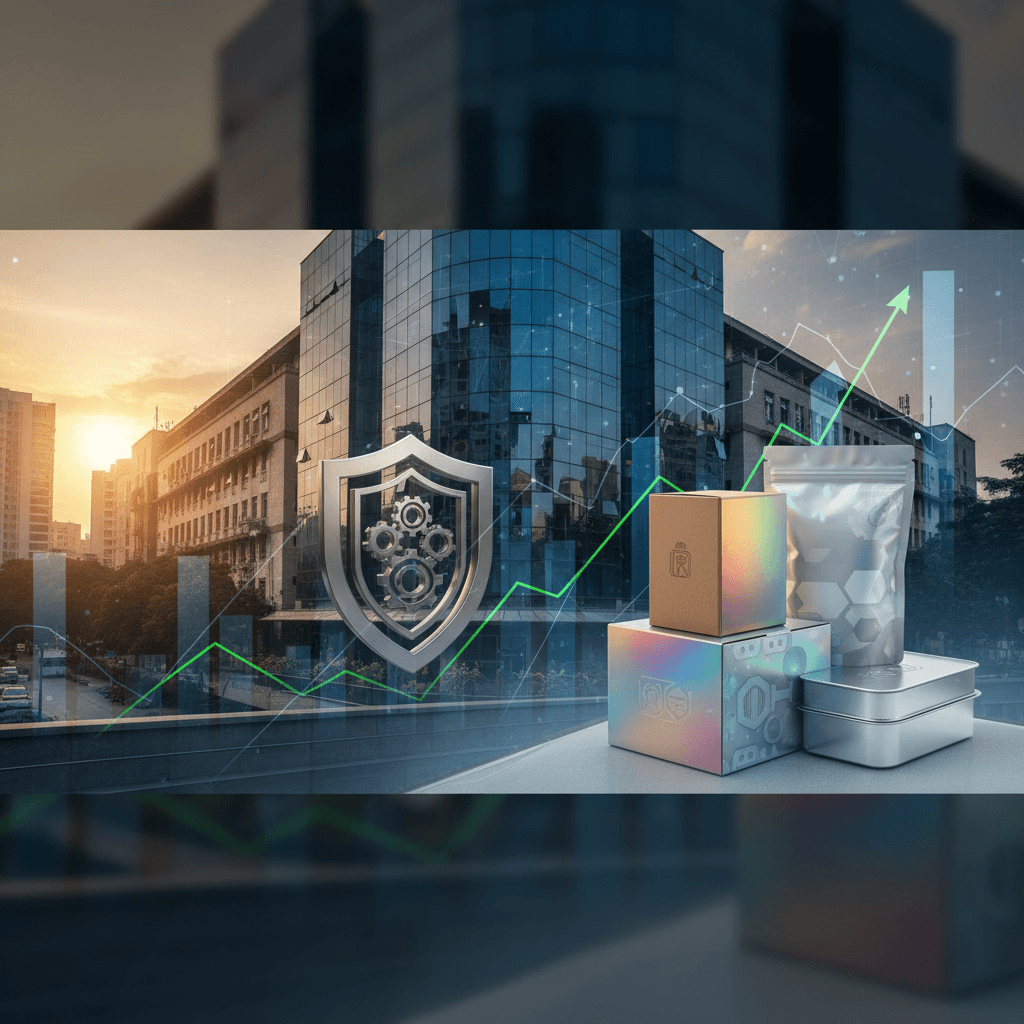 A professional image showing a modern building with a cityscape, overlaid with financial graphs and packaging elements.