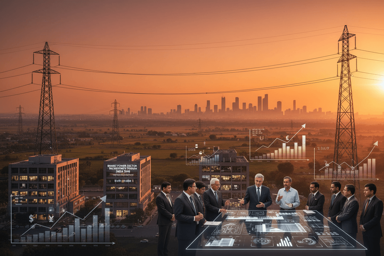 A group of Indian government officials and investors discussing the power sector with futuristic data displays, power lines, and a city skyline at sunset.