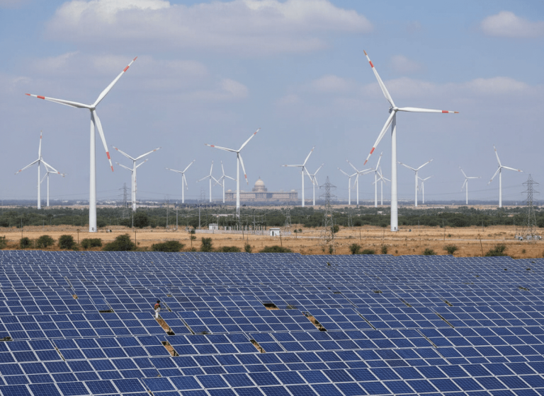 A vast solar farm in the foreground with numerous wind turbines and a distant government building under a blue sky.