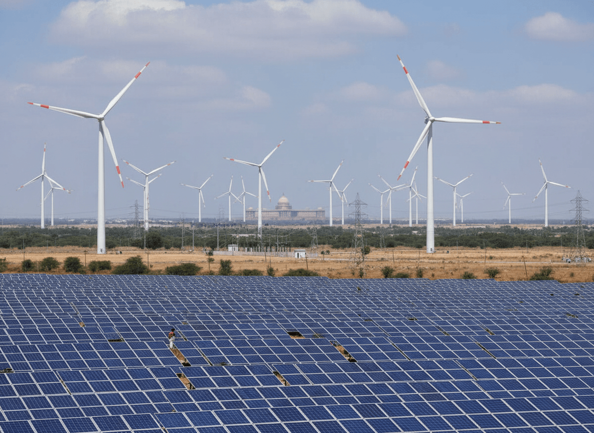 A vast solar farm in the foreground with numerous wind turbines and a distant government building under a blue sky.