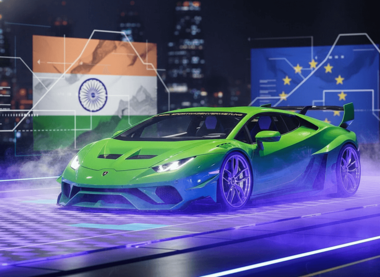 A sleek green Lamborghini on a futuristic road with digital representations of India and EU flags in the background.