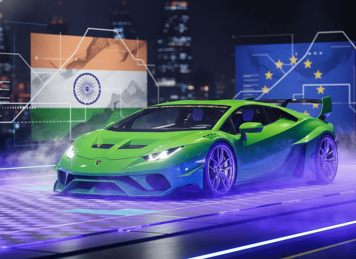 A sleek green Lamborghini on a futuristic road with digital representations of India and EU flags in the background.