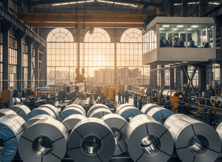 Large industrial scene with steel coils in the foreground, workers, and a control room overseeing operations.