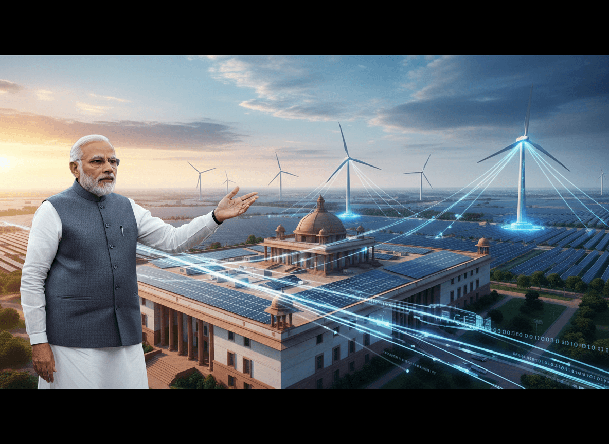 Prime Minister Modi gesturing towards a modern building with solar panels, surrounded by wind turbines and digital lines.