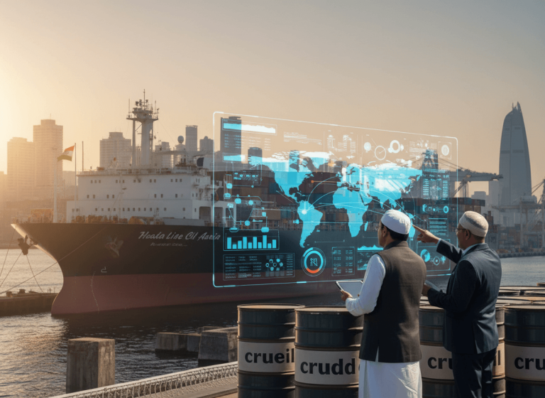 Indian officials analyze global oil data with a holographic interface over barrels, a tanker, and a city in the background.