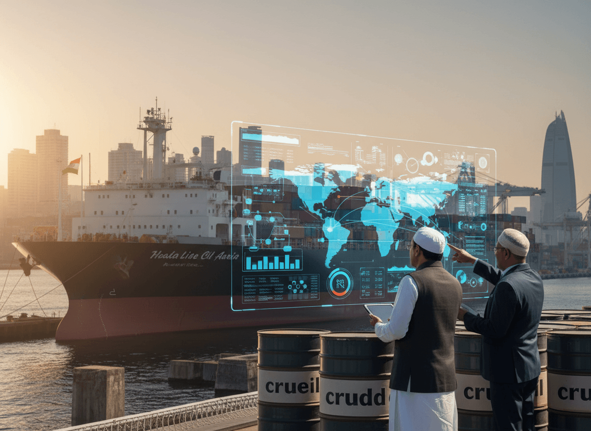 Indian officials analyze global oil data with a holographic interface over barrels, a tanker, and a city in the background.