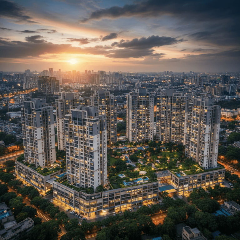 An aerial view of a large, modern residential complex in Mumbai at sunset, with city lights and lush green spaces.