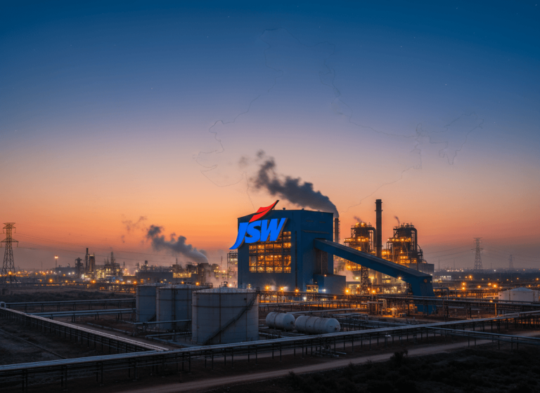 An industrial steel plant with glowing lights at dusk, smoke rising from stacks, and a subtle map of India in the sky.