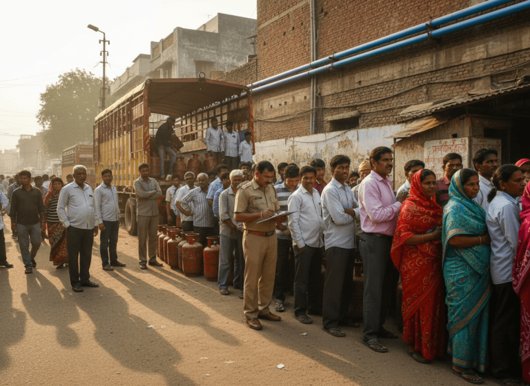 A long line of people, including men and women in traditional Indian attire, queuing for LPG gas cylinders on a dusty street.