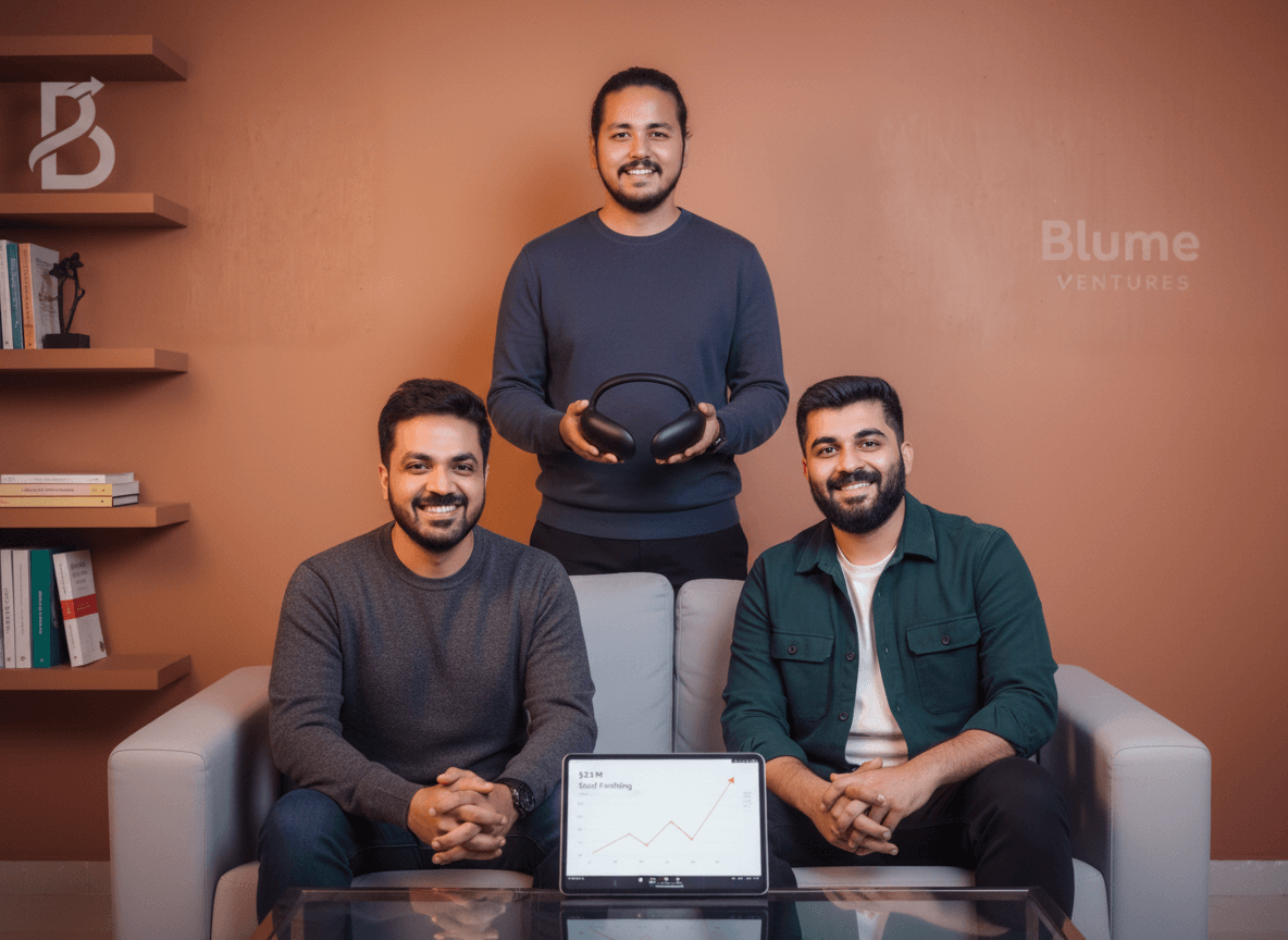 Three smiling men, two seated and one standing, displaying a wearable headset and a tablet with a graph, with "Blume Ventures" text.