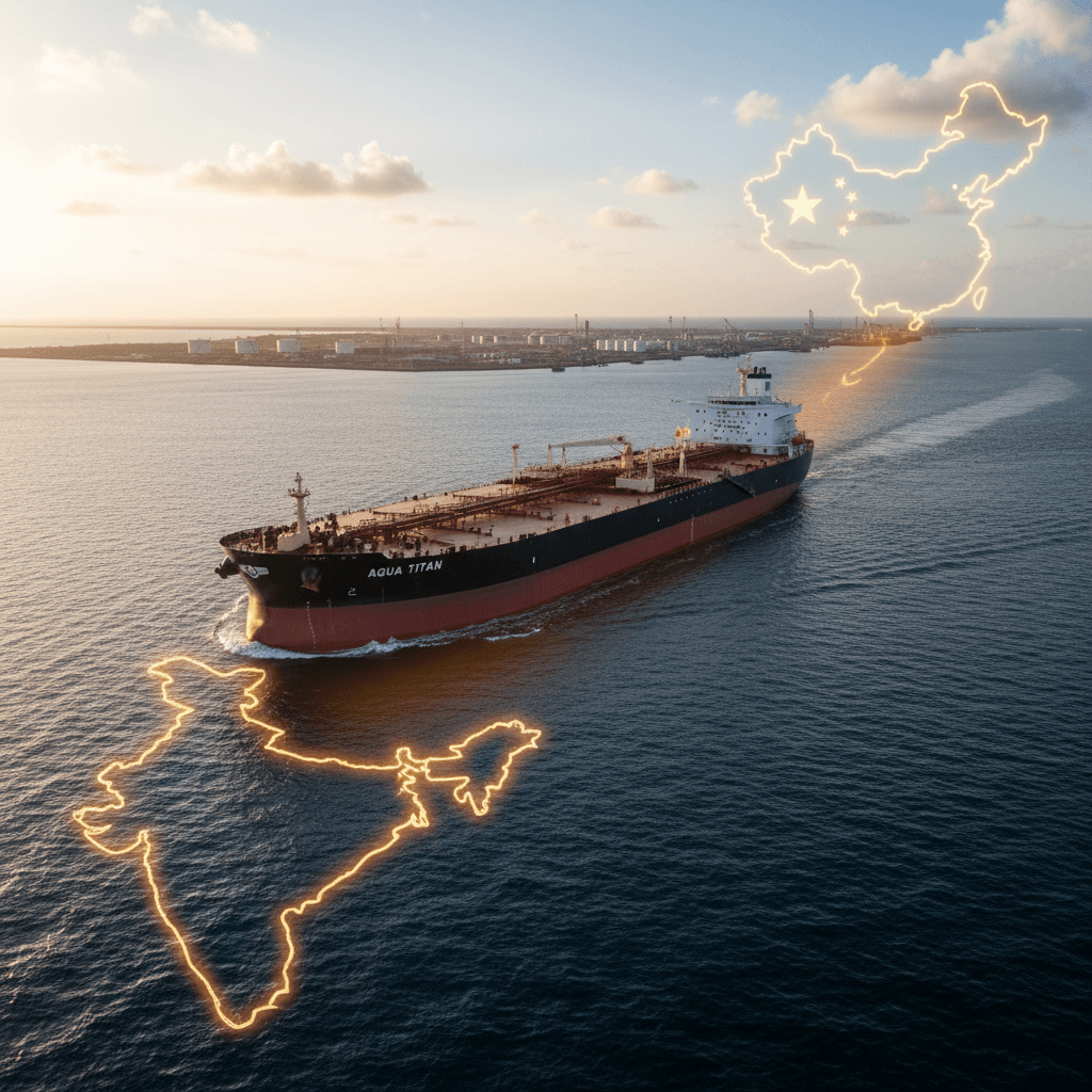 An oil tanker at sea with illuminated outlines of India and China, showing a diversion path.