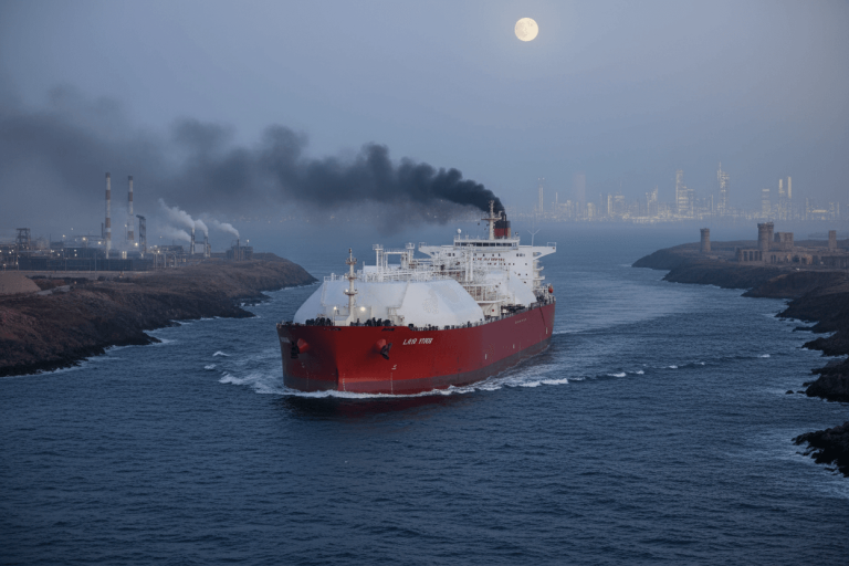 An LNG tanker navigates a strait at dusk, with industrial facilities on the left and a city skyline on the right.
