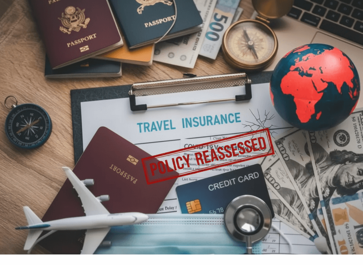 A flat lay shows travel insurance documents, passports, money, and a globe with a "POLICY REASSESSED" stamp.