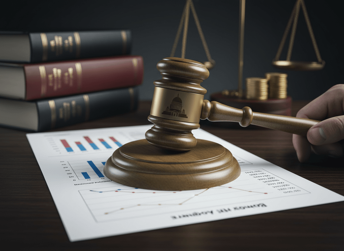 A judge's gavel resting on a financial chart with bar graphs and lines, alongside law books and scales of justice.