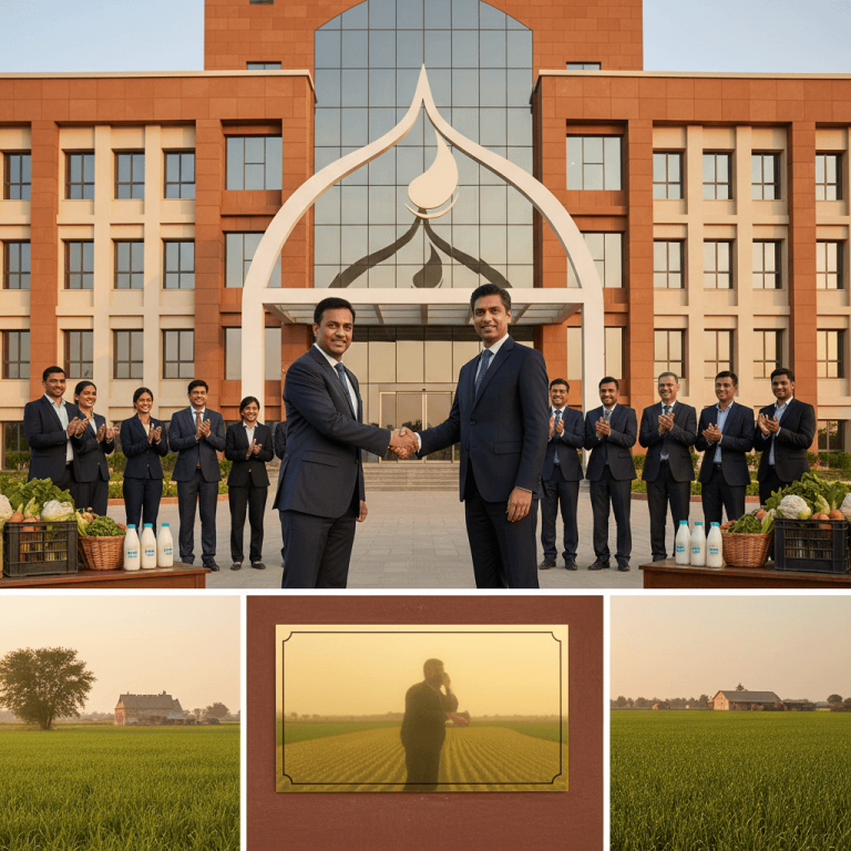 Two executives shaking hands in front of a corporate building, with employees applauding.
