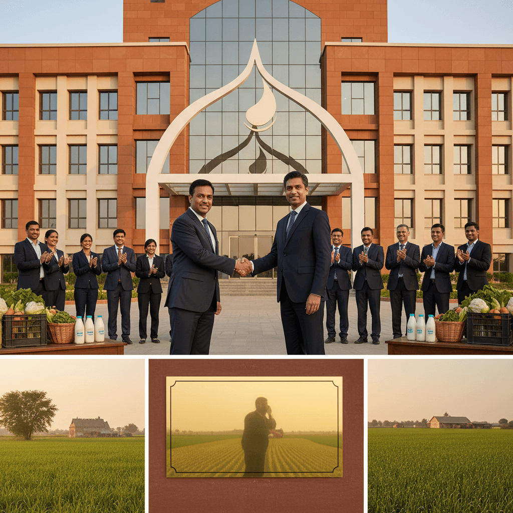 Two executives shaking hands in front of a corporate building, with employees applauding.