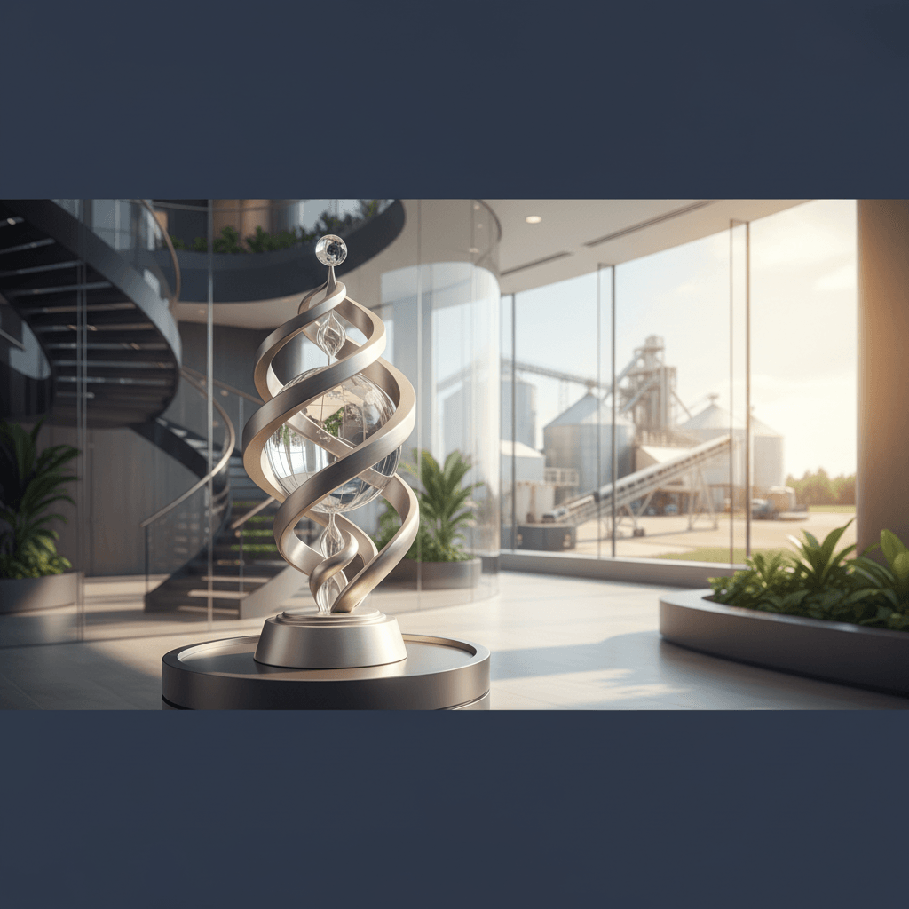 A sleek, modern award sculpture sits in a corporate lobby with a large window overlooking a food processing plant.