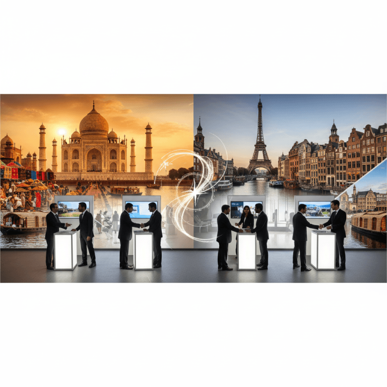 A split image showing the Taj Mahal and a vibrant Indian market on one side, and European cityscapes with the Eiffel Tower and Amsterdam canals on the other. Two pairs of professionals shake hands in the foreground on each side, symbolizing business connections.