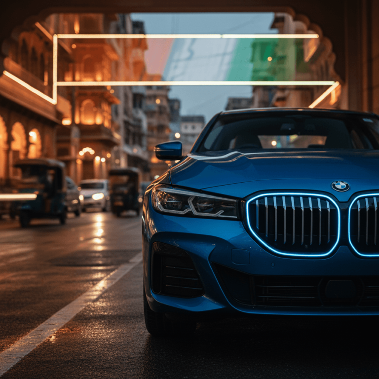 A blue BMW parked on a street in India at dusk, with glowing neon lights and auto-rickshaws in the background.