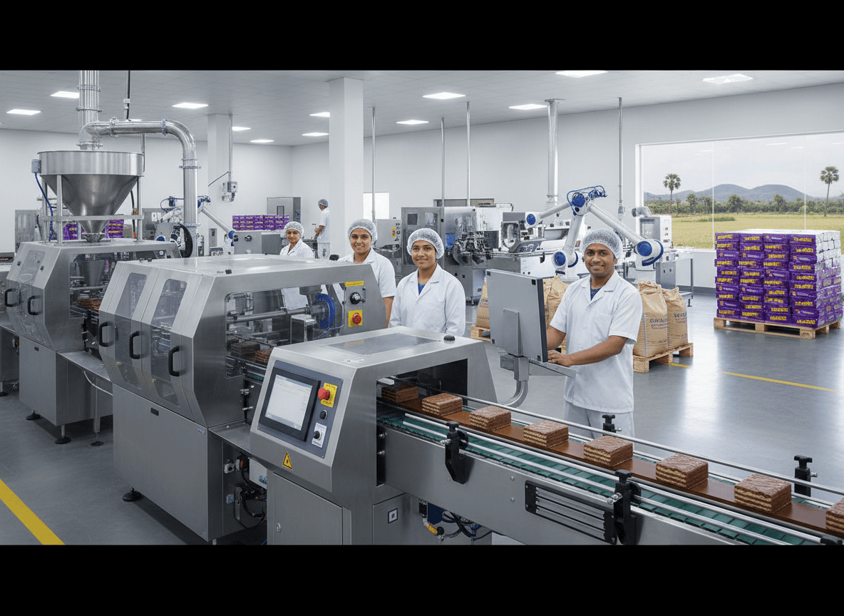 Workers in a modern, clean food processing plant with chocolate wafer bars on a conveyor belt.