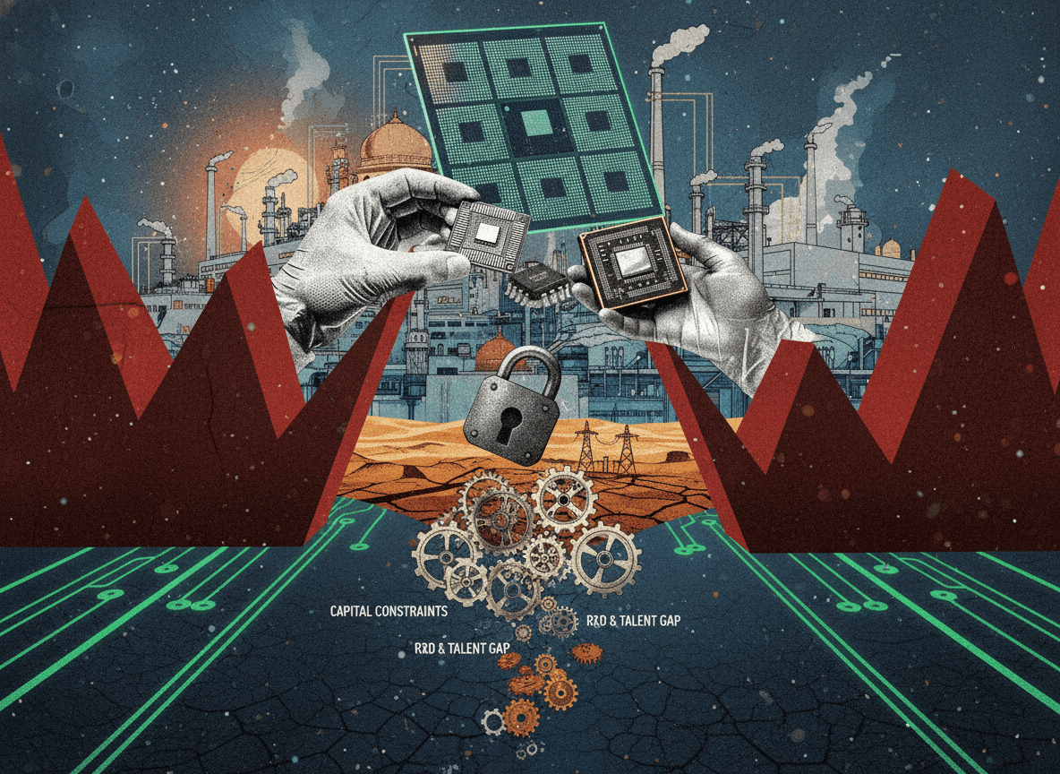 An abstract illustration showing hands holding microchips, with industrial facilities and challenging landscapes in the background.