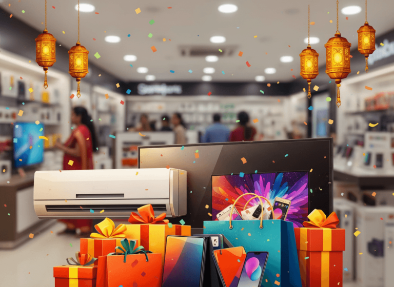A vibrant image depicting electronics and gifts in an Indian retail store during a festival sale, with confetti.