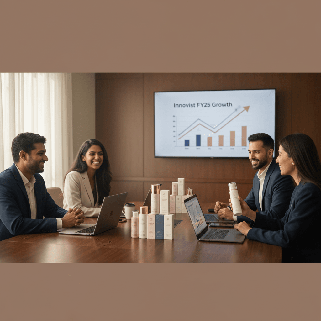A diverse team of professionals in a meeting room, discussing beauty products and financial growth on a screen.