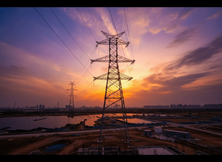 High-voltage power lines and transmission towers silhouetted against a vibrant sunset over an industrial landscape.