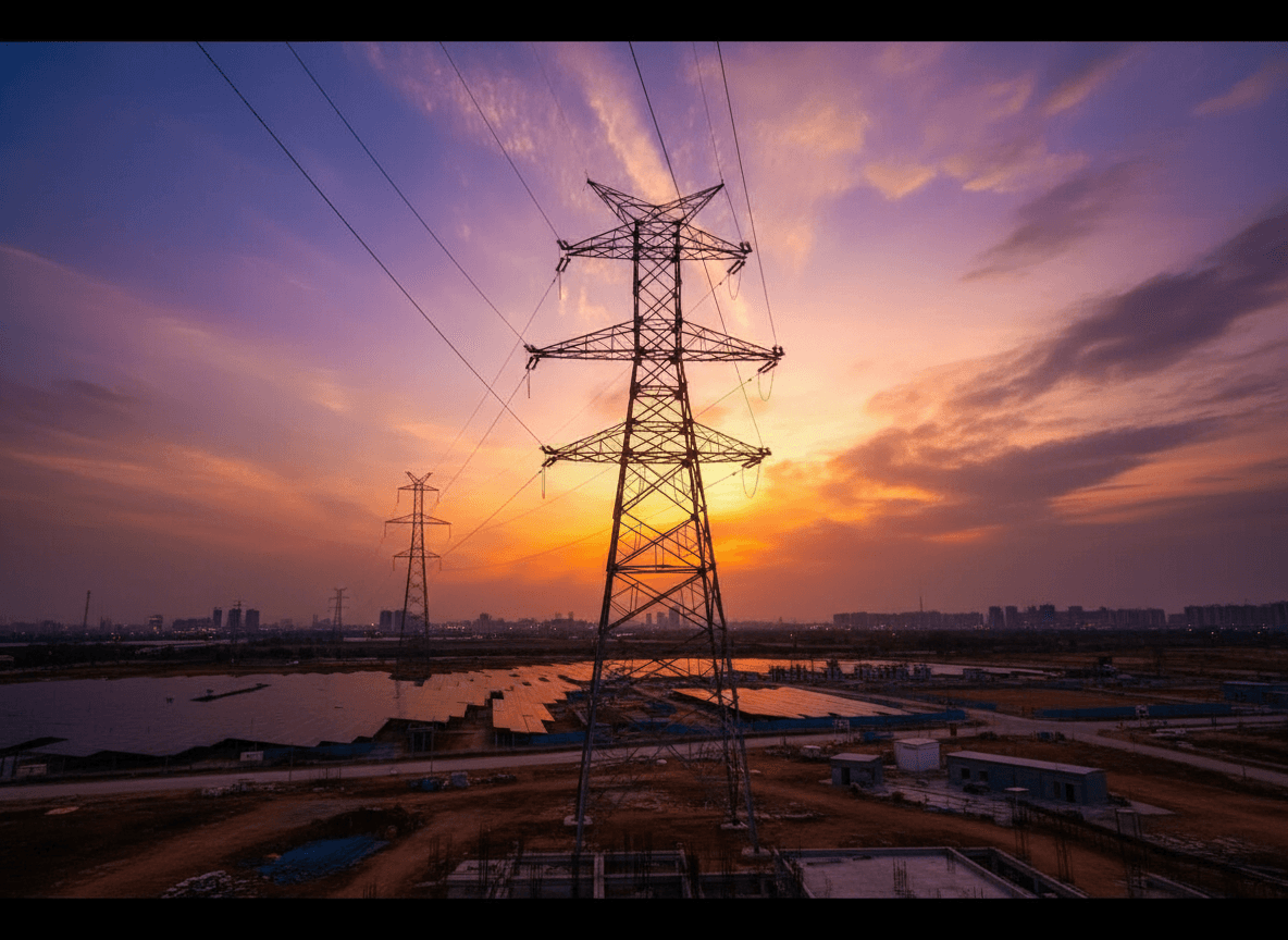 High-voltage power lines and transmission towers silhouetted against a vibrant sunset over an industrial landscape.