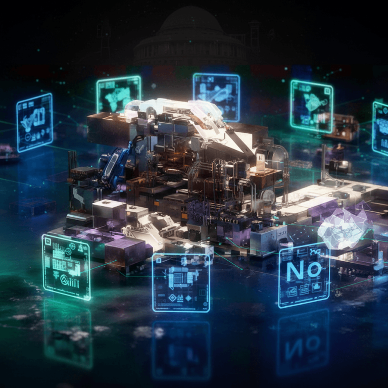 A detailed futuristic industrial landscape with glowing screens and India's Parliament building in the background.